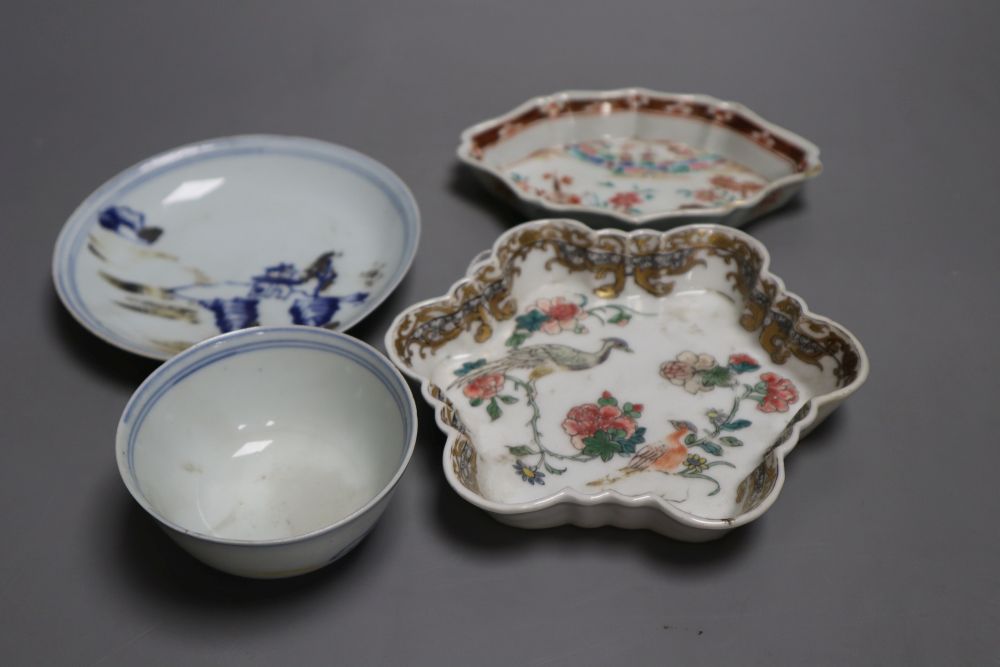 Chinese famille rose teapot stand and a similar spoon, both Yongzheng period and a Nanking cargo tea bowl and saucer, largest 14cm